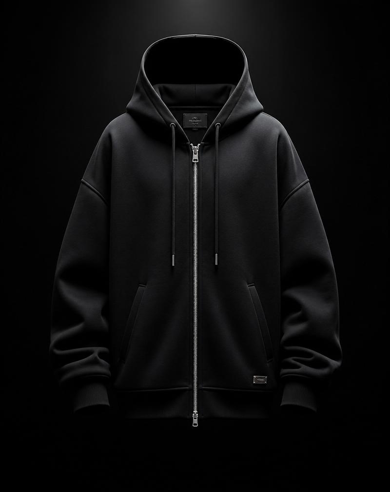 Luxury matte black oversized hoodie with metallic hardware, generated by Niche Studio AI